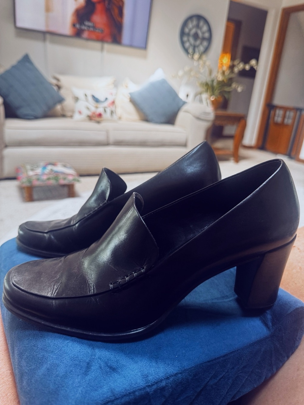 Franco Sarto Black Leather Nolan Block Heel Loafer Pumps